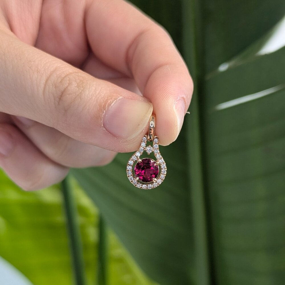 Rubellite Tourmaline Pendant in Solid 14K Rose Gold with Natural Diamond Accents - Picture 6 of 11